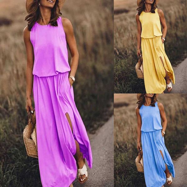 

spring and summer new women's round neck sleeveless dress with split plain casual commuter dress, Black;gray