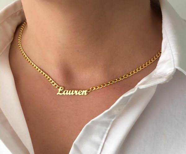 

personalised name necklaces for women and men punk nameplate jewelry stainless steel curb chain custom letter necklace collier 2203955554, Silver