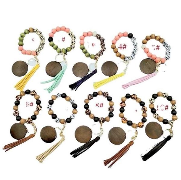 

silicone wooden beaded leopard wristlet bracelet pu leather tassel bracelets bangle wood beads wristband key ring keychains wrist 9157395, Red;brown