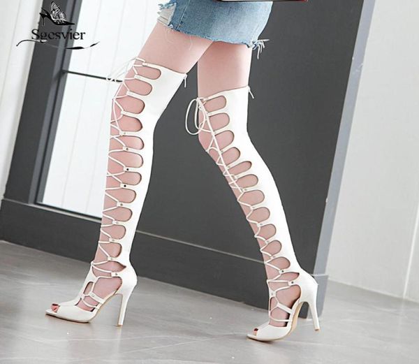 

sgesvier women039s over knee boots summer high heels thin heel black white cross tied female sandals big size 3348 g3333519846