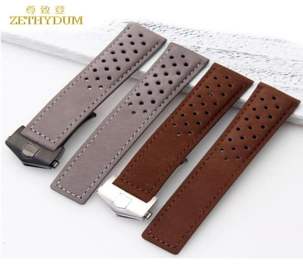 

genuine leather bracelet 22mm watchband watch strap for wrist watches brown gray breathable watch band accessories fold buckle5206454, Black;brown