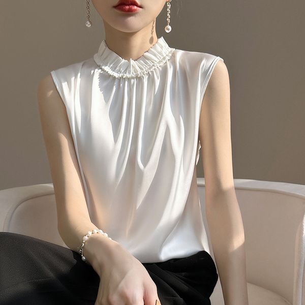 

Female designer silk suspender women's plus-size suit with undershirt ice silk top hot girl wearing turtleneck sleeveless vest outside, White