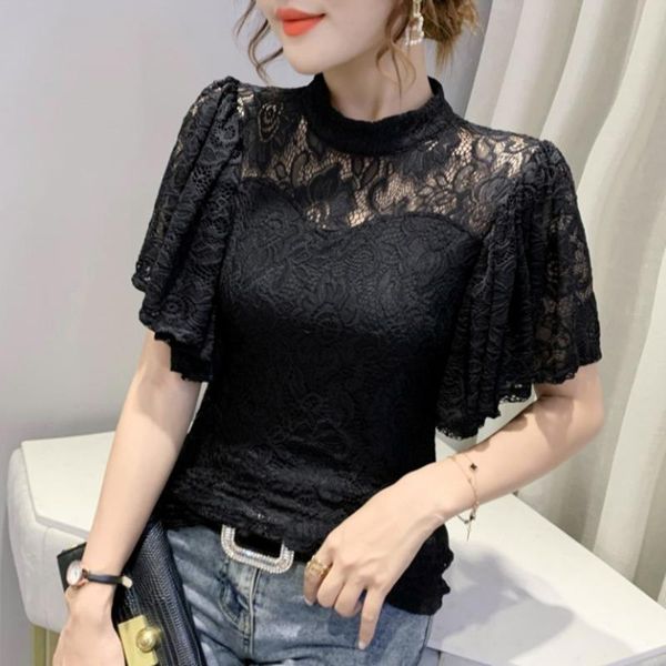 

t-shirt #7467 black white pink lace t shirt women stand collar perspective women's tshirt flare sleeve women's tee shirt summer