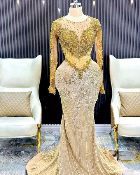 

2023 may aso ebi gold mermaid prom dress beaded crystals lace evening formal party second reception birthday engagement gowns dresses robe d, Black
