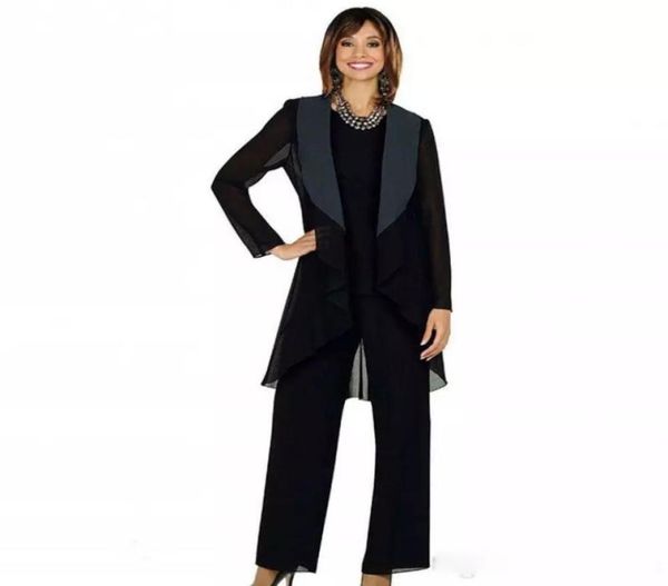 

classy black chiffon mother of the bride pant suits three pieces wedding guest dress plus size mothers groom dresses7033321, Black;red