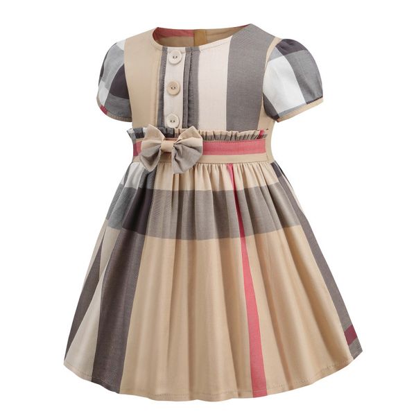 

summer girls dress plaid casual short sleeve party princess dress cute children's baby kids girls clothing, Red;yellow