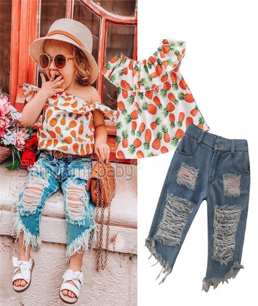 

2pcs baby girls toddler pineapple clothes kids off shoulder ripped denim shorts outfits set a8236733776, White