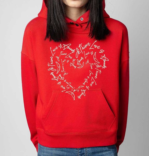 

23ss zadig voltaire designer sweatshirt new fashion letter patchwork love diamond inner lining fleece red women hoodies, Black