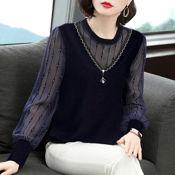 

t-shirt middleaged mother bottoming women's new spring lace mesh patchwork long sleeve diamond pullover tshirt, White