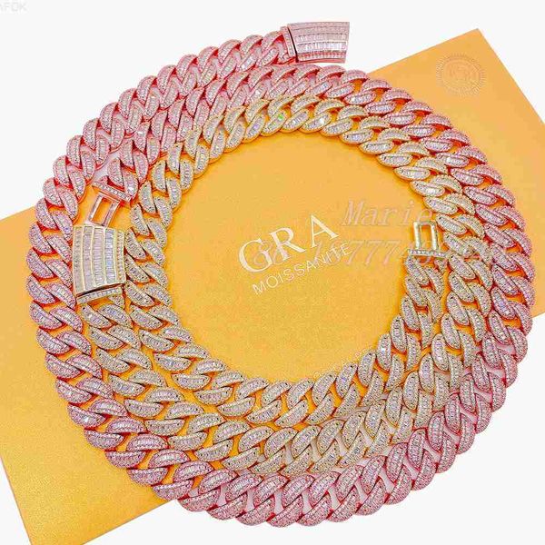 

luxury hip hop cuban link chain vvs moissanite diamond 15mm width baguette diamond cuban chain silver luxury
