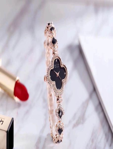 

leaf four personality clover classic full diamond link wrist watchesbling watch sets adjustable crystal bracelet gift for women8806834, Black