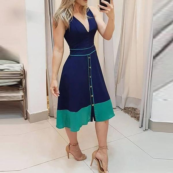 

polos dark blue sleeveless color matching waist dress, White