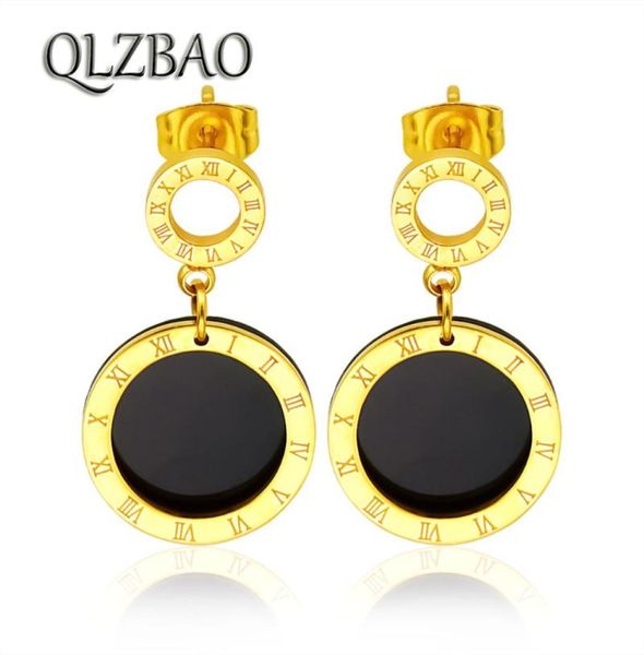 

stud qlzbao roman numerals black disc earrings gold color simple temperament stainless steel for woman jewelry5665192, Golden;silver