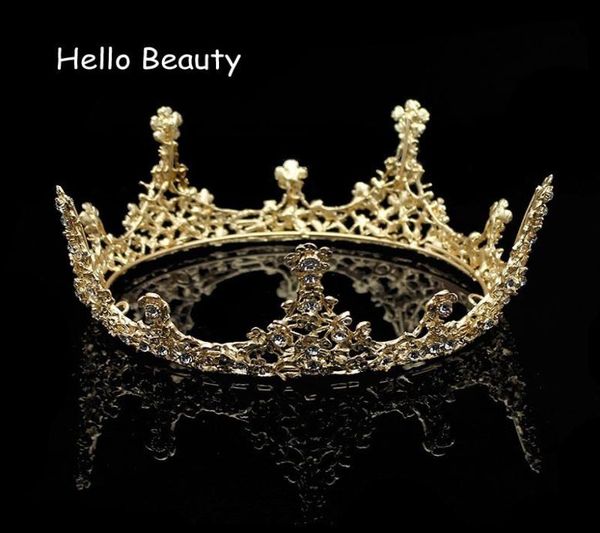 

gold color baroque vintage men diadem large crystal full round prom king crown wedding pageant queen tiara bridal hair jewelry y193385077, Slivery;golden