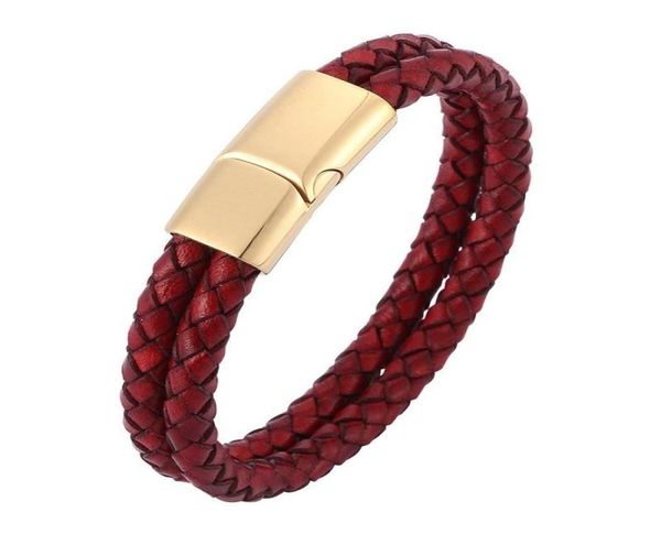 

charm bracelets double layer retro red braided leather bracelet men stainless steel magnetic clasp bangles fashion jewelry male wr3180910, Golden;silver