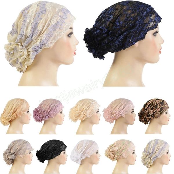 

fashion muslim women inner hat hijab lace caps turban headwear underscarf islamic flower headscarf wrap bonnet hair loss cover, Blue;gray