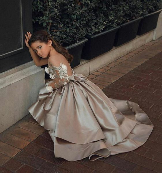 

2121 new vintage flower girls dresses sheer neck long sleeve hand made flowers kids formal wear hi lo satin girl dress for wedding6478837, White;blue