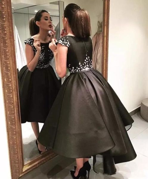 

latest 2017 charming little black cocktail dresses bateau neck capped sleeves shiny beaded fluffy high low cocktail evening dresse9115141