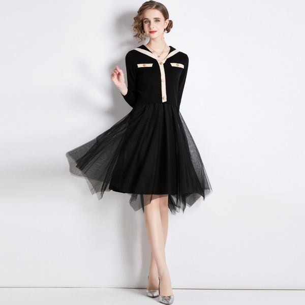 

2023 spring new item european station fashion women's big skirt long sleeve knitted spliced mesh dress e024, Black;gray