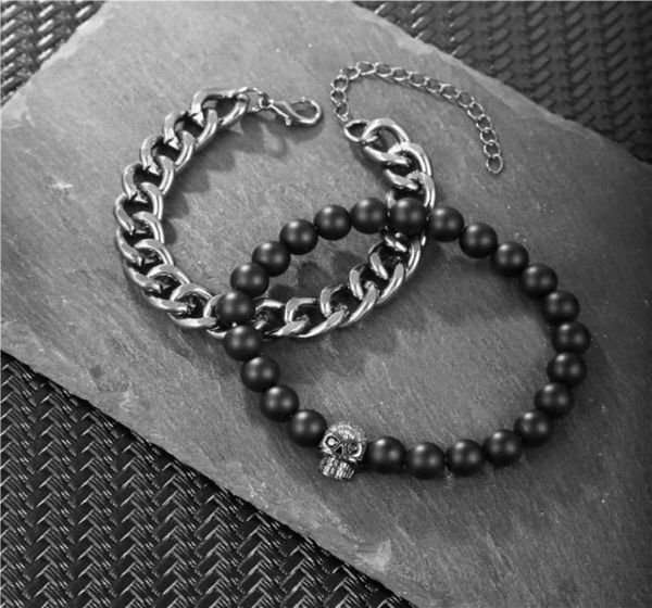 

beaded strands fashion men skull bracelet chain bracelets 2pcsset alloy natural stone beads jewellery friends pulseiras love bra7675267, Black