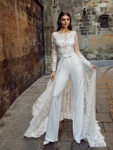 

new lace and pantsuit long-sleeved gentle and cool lace skirt train ceremony sense party wedding dress, White