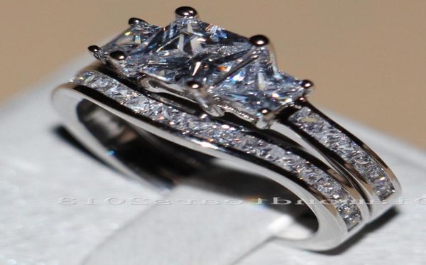 

victoria wieck three stones princess cut vintage jewelry 10kt white gold filled z cz diamond wedding bridal rings set for wome8211011, Slivery;golden