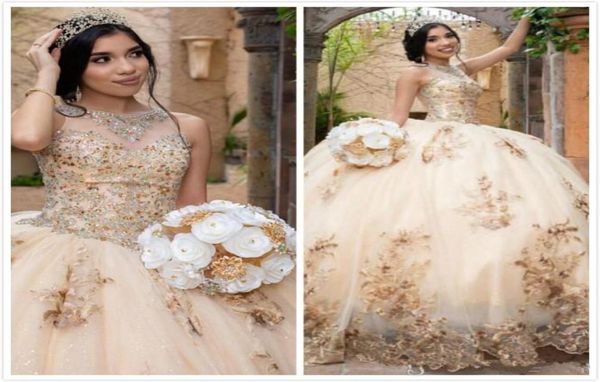 

beaded crystals lace gold quinceanera prom dresses sheer neck tulle ball gown evening party sweet 16 dress5087679, Blue;red