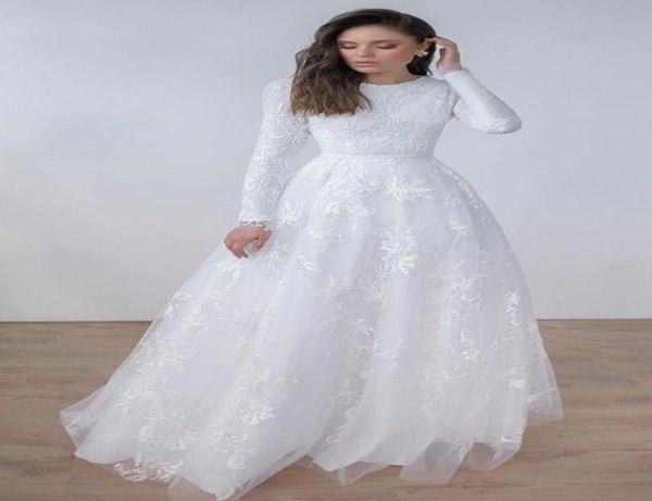 

long sleeves lace aline modest wedding dresses jewel neck sweep train simple vintage lace lds bridal gowns custom made8960677, White