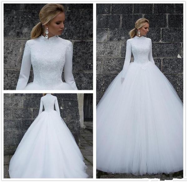 

2019 new high neck long sleeves lace a line muslim wedding dresses satin empire lace applique zipper tulle winter wedding bridal g2550755, White