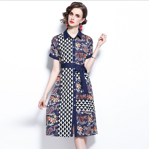 

2023 summer new item european station fashion women's cardigan skirt short sleeve lapel tie print dress e303, Black;gray