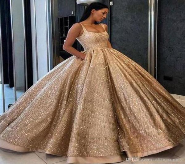 

new gold sparkly ball gown quinceanera dresses luxury evening celebrity dresses gorgeous square neck floor length prom party dress9616268, Blue;red