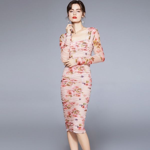 

2023 summer women's mesh dress, square collar, long sleeve, bag hip style. casual and elegant with floral print. perfect for dates. ava, Black;gray