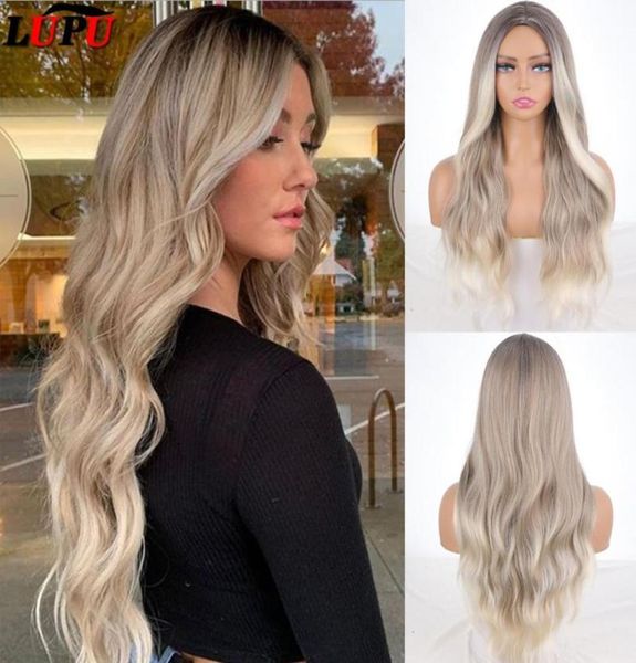 

synthetic wigs lupu long wavy ombre brown blonde middle part hair wig cosplay party lolita natural heat resistant for women8129995, Black
