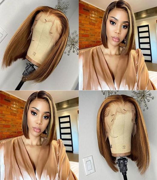 

p427 highlight color short bob wigs straight human hair 4x4 5x5 13x4 lace wig for black women pre plucked3979671, Black;brown