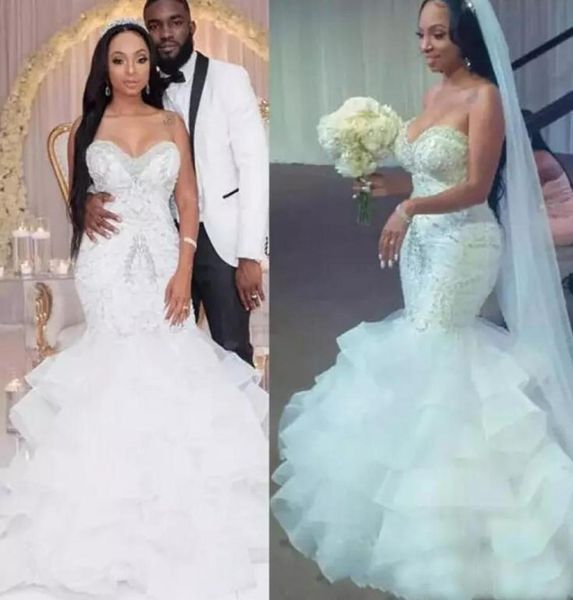 

mermaid wedding dress sweetheart bling beaded crystal organza ruffles layered floor length lace up back bridal vestido de noi5461566, White