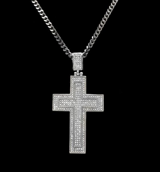 

men catholic silver gold plated cross pendant necklace fashion rock style double crucifix clear stone christian jewelry for women 8125178