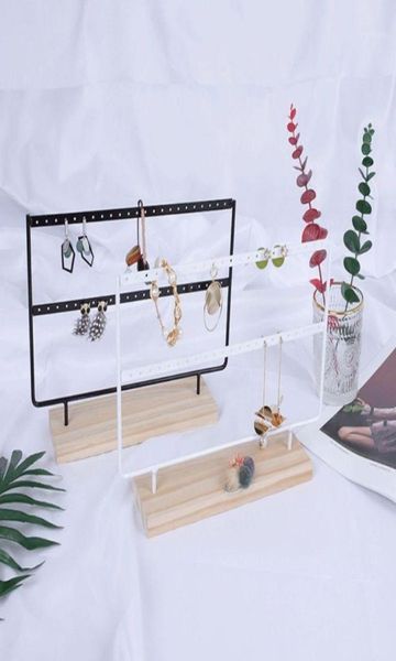 

46hole 2 layers metal jewelry rack wooden black white ear studs earring holder pouches bags3303275, Pink;blue