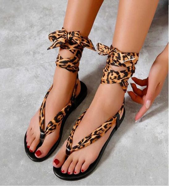 

woman sandals ankle strap flats leopard lace up clip toe female shoes cross tie ladies casual bohemian 2021 summer plus size y07217667307, Black