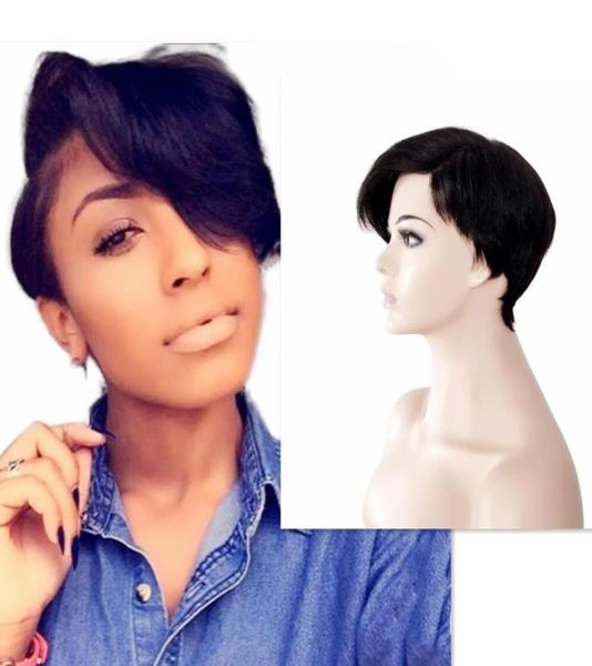 

human hair short straightwig full machine made side part little lace front wigs brazilian pixie cut indian humanhair wig7720276, Black;brown