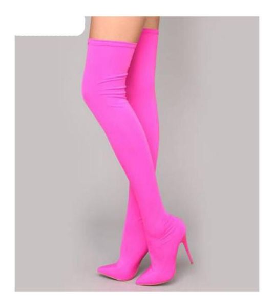 

over knee thigh high boots candy color stretch pointed toe stiletto thin high heels pull on spring autumn party9167668, Black