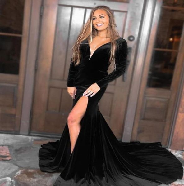 

deep vneck long sleeve mermaid black velvet evening dresses with slit robe de soiree floor length zipper prom gowns vestido 1412956, Black;red