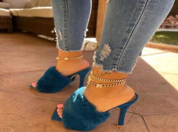 

solid plush high heels summer women039s highheel sandlas square toe seaside slippers women casual shoes3542981, Black