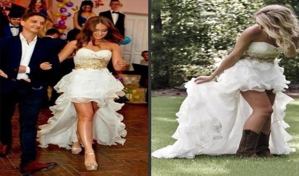 

sweetheart country boho wedding dresses gown high low gold lace beads strapless ruched bridal gowns short front long back train ve3981744, White