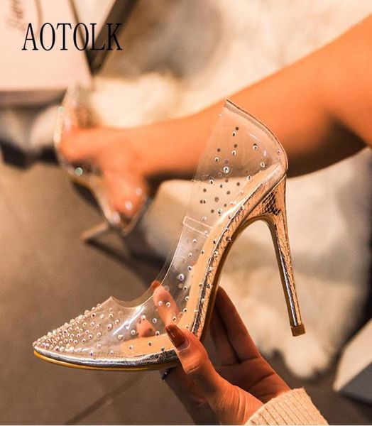 

women high heels jelly shoes lady summer pumps transparent diamond point toe thin high heels fashion party shoes plush size12514008, Black