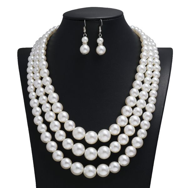

multi layers white simulated pearl necklace earrings jewelry set for women bridal exaggerated party necklace earrings set jewelry gift promo, Silver