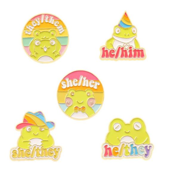 

cartoon frog enamel pins colorful rainbow hat personal pronoun custom brooches whole badge jewelry accessories gift kids 626 h6673697, Gray
