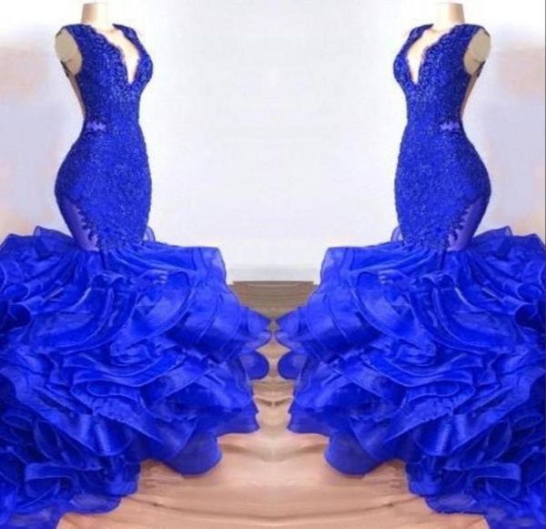 

royal blue v neck lace long mermaid prom dresses 2019 organza layered ruffles sweep train formal party evening gowns5281320, Black