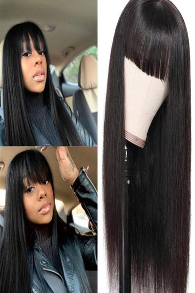 

black women039s long straight lace front wig brazilian virgin heat resistant hair wig with neat bangs no glue machine made6638247