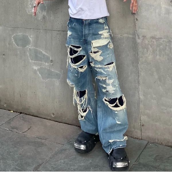 

baggy casual hole ripped jeans for men straight streetwear loose casual denim trousers distressed washed cargo pant, Black;brown