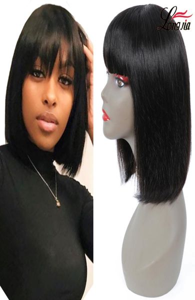

short bob wig with bangs brazilian remy human hair wig with bangs density 150 non lace wig for women1838652, Black;brown